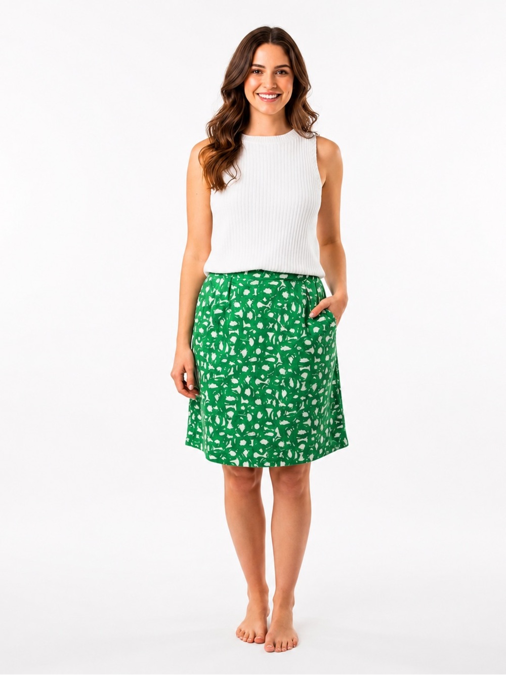 Boden Green White Abstract Print Cotton Linen Blend A-Line Skirt Side Zip Size 6